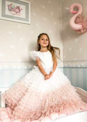 White Pink Ruffle Tulle Feather Flower Girl Dress